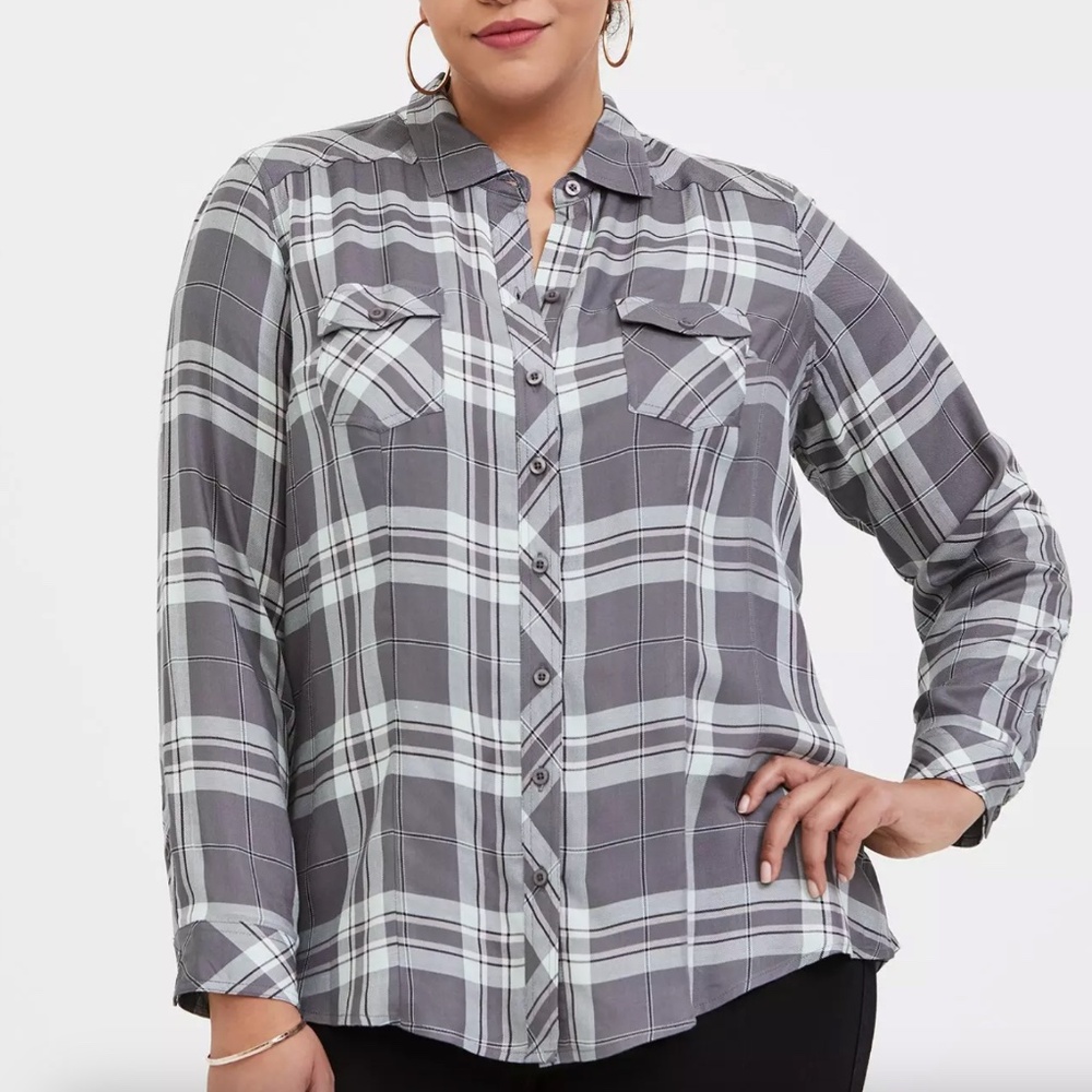 Torrid - Challis Button-Down Gray Plaid Long Sleeve Shirt - 1X